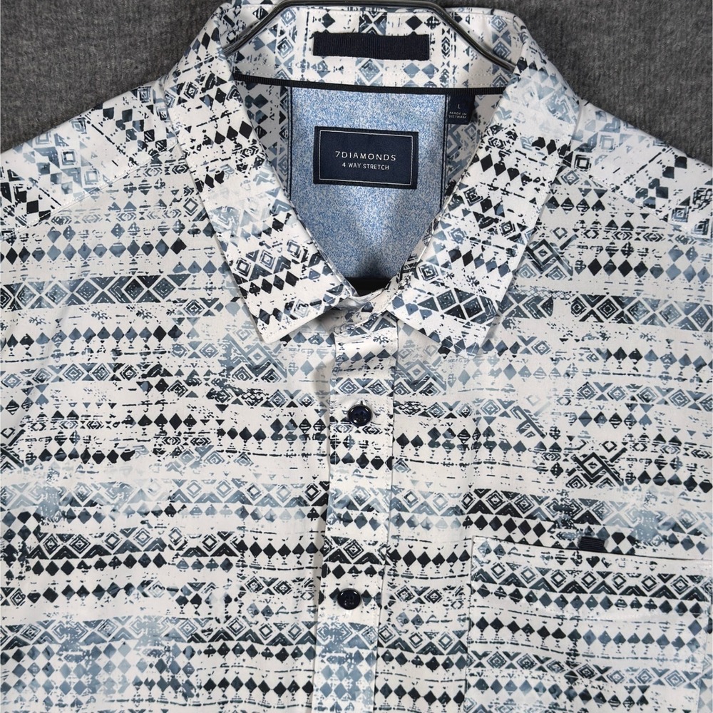 7Diamonds 4-Way Stretch Shirt Mens Large Blue White Geometric Steps Ahead